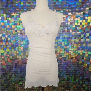 Sheer White Butterfly Lace Cami‎ Slip Dress Mini Ruffle Hem